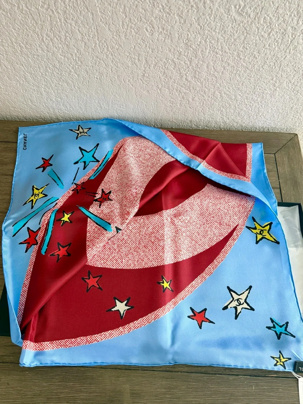 CHANEL Red, Blue & Yellow Star Silk Scarf